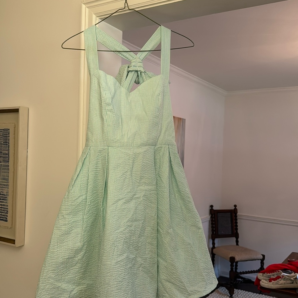 Lauren James Livingston Seersucker Sundress. Fit & Flare. Crisscross Back.
